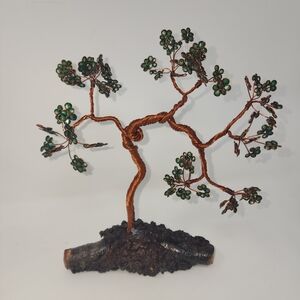 Handcrafted Copper Wire Tree Sculpture Green Adjustable Leaves Natural Wood Base